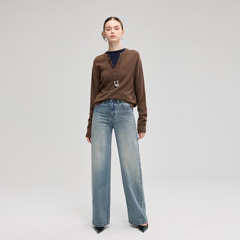 Fengxun Women's Vintage Washed High-Waist Wide-Leg Denim Jeans FXKL3113