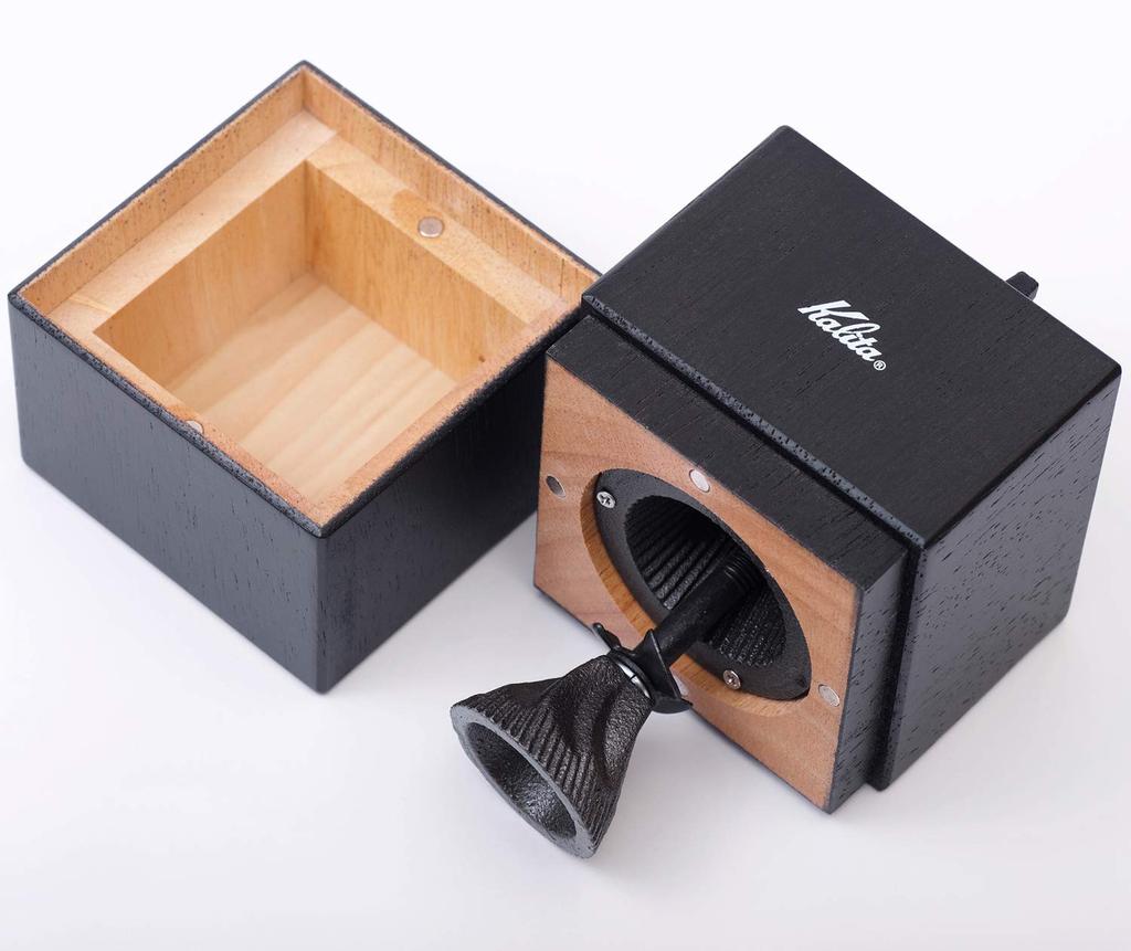Kalita Coffee Mill, Wooden, Hand-Grinded, Black, Cubic Mill #42165, Antique Style, Compact, for Outdoors, Camping, Adjustable Grind Size, Lid Included