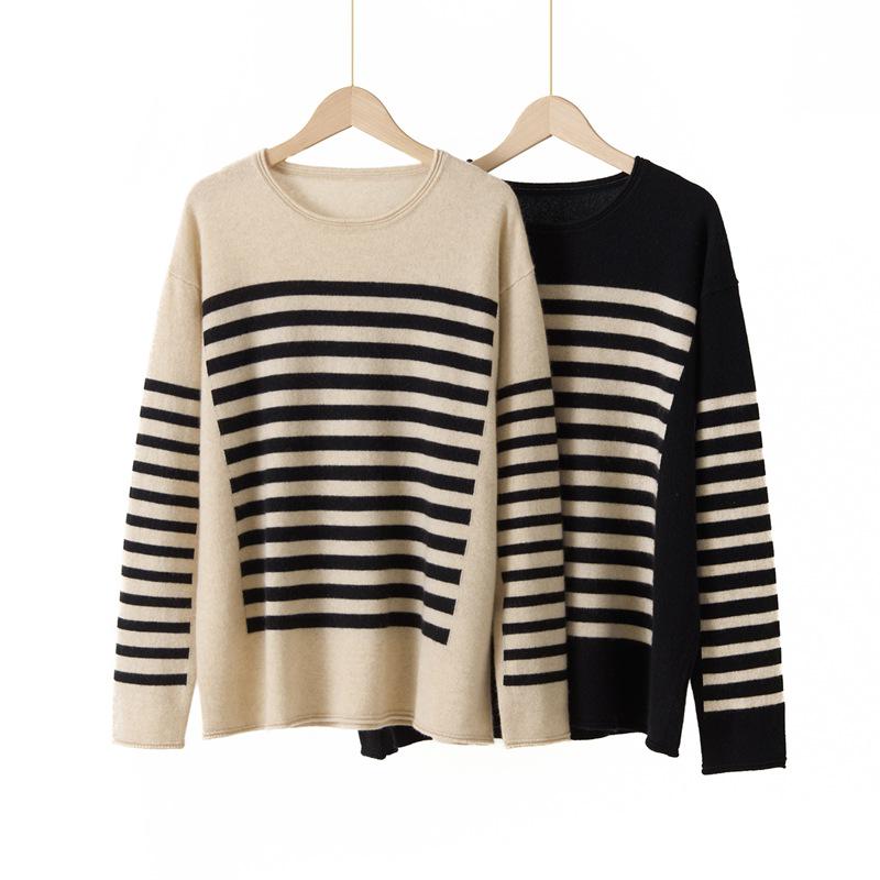 2025 Fall/Winter Women's 100% Cashmere Color Block Retro Stripe Round Neck Pullover Sweater