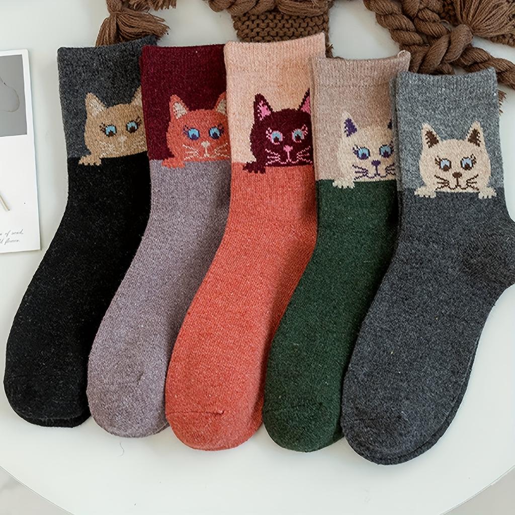 5 Pairs Women'S Mid-Calf Cat Face Socks Thick & Warm, Assorted Colors (Black, Gray, Brown, Orange, Green) - Perfect for Fall & Winter, Cute Socks