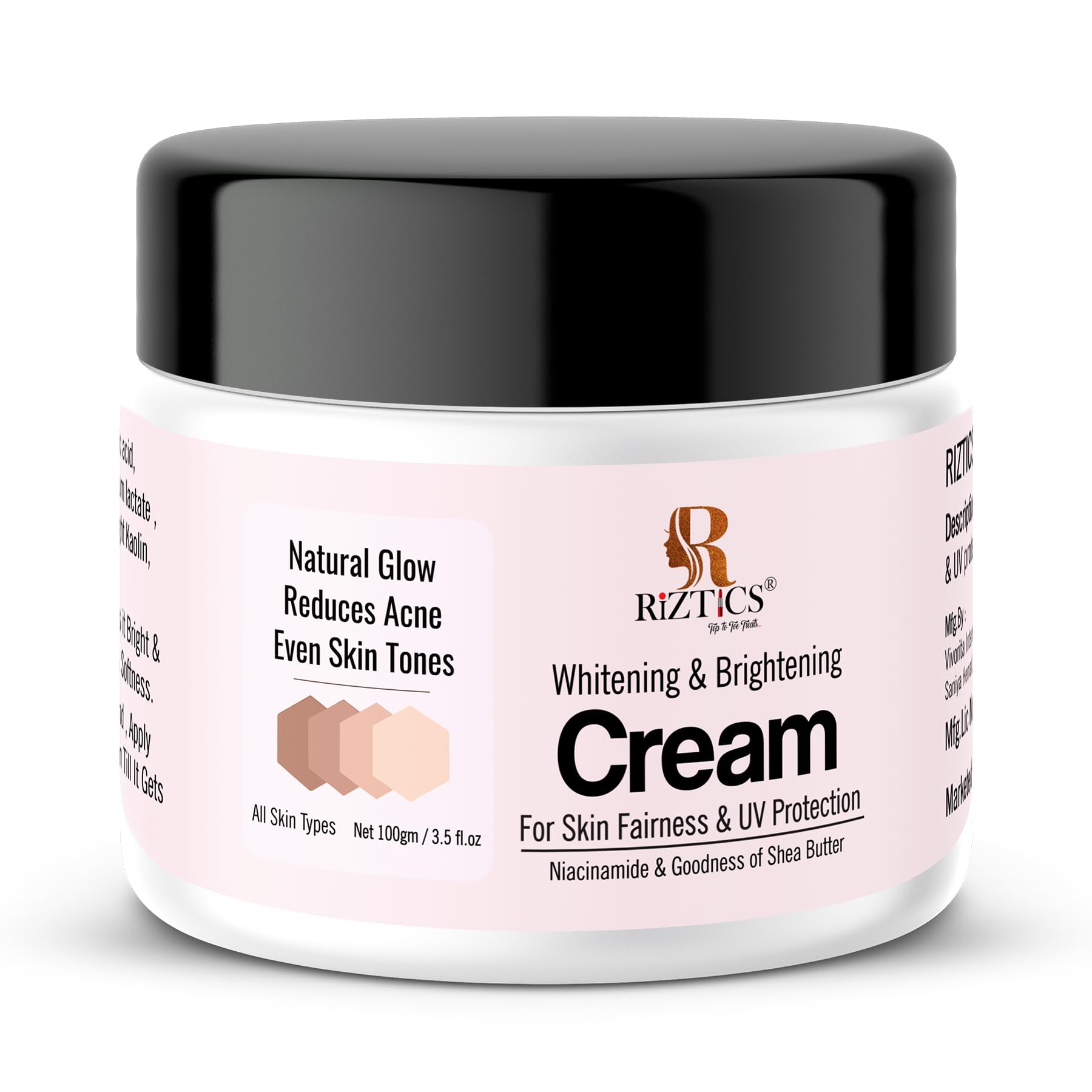 Riztics Whitening Cream for Skin Lightening with Niacinamide, Liquorice Oil & Light Kaolin Fade Dark Spots and Anti Ageing 100gm, Day & Night Cream