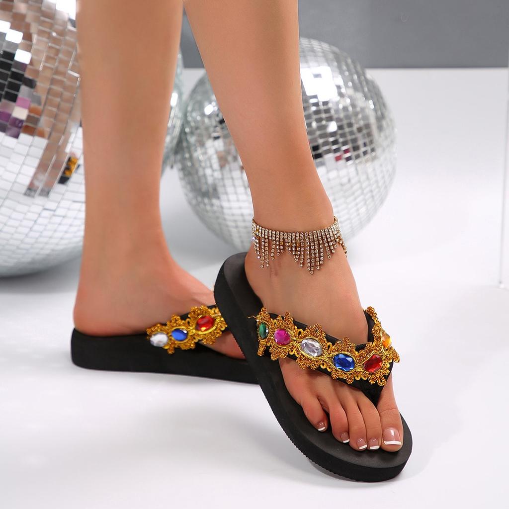 Fashion Luxury Colourful Crystal Decoration Flip Flops Women 2025 Summer Black Wedge Heels Slippers Comfortable Light Weight Sandals