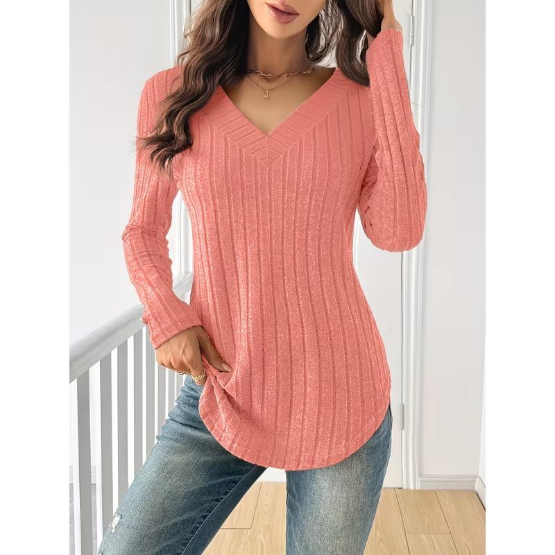 Women S Long Sleeve V Neck Ribbed Casual Autumn T Shirt