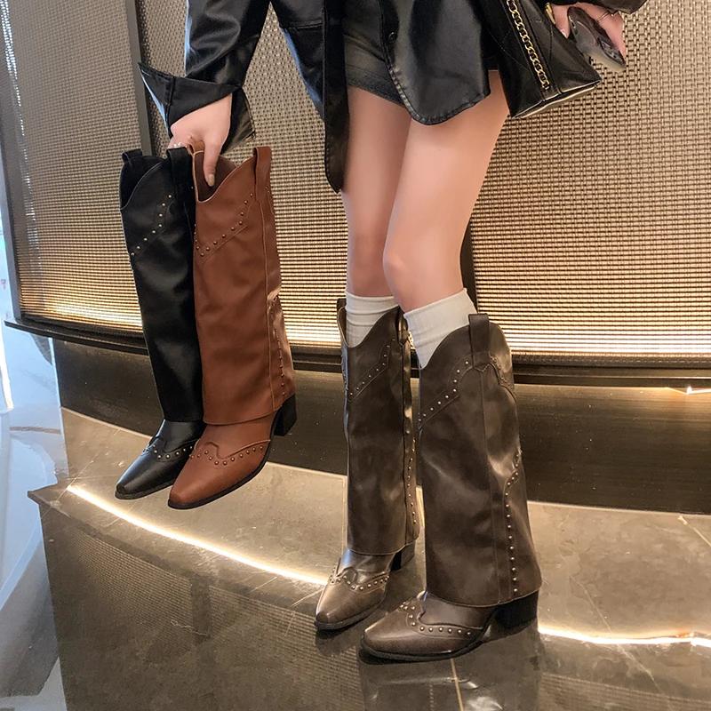 New Winter Woman Thigh High Boots Fashion Zippers Long Knight Booties Ladies Thick Solec Thick Heels Pointed Toe Mid-Calf Botas