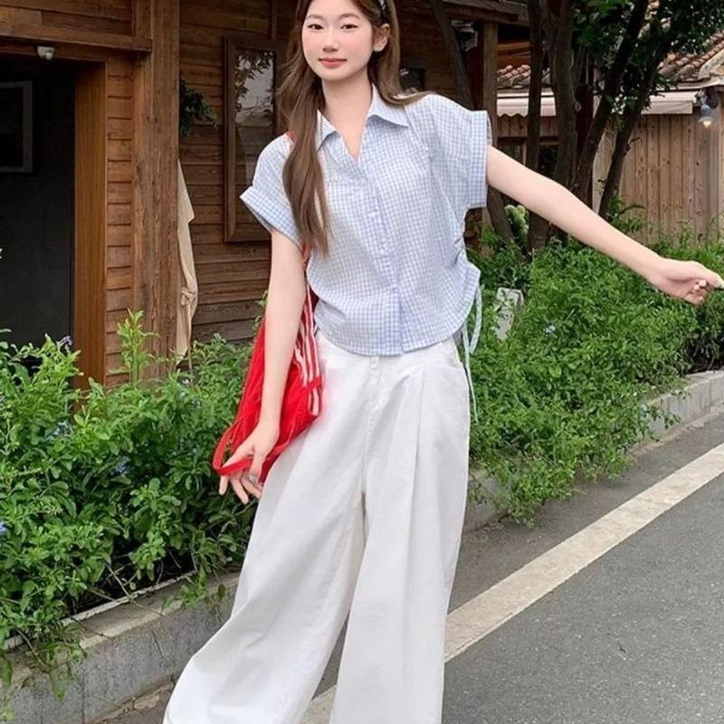 Ladies' Blue Plaid Shirt Women's Turn-down Collar Drawstring Short Sleeved Blouse Summer New Korean Version Versatile Top