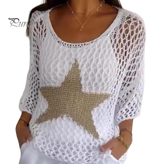

Женские вязаные крючком топы с круглым вырезом и рукавами 3/4, ажурная вязаная блузка со звездным узором, сетчатый купальник, накидка L белый