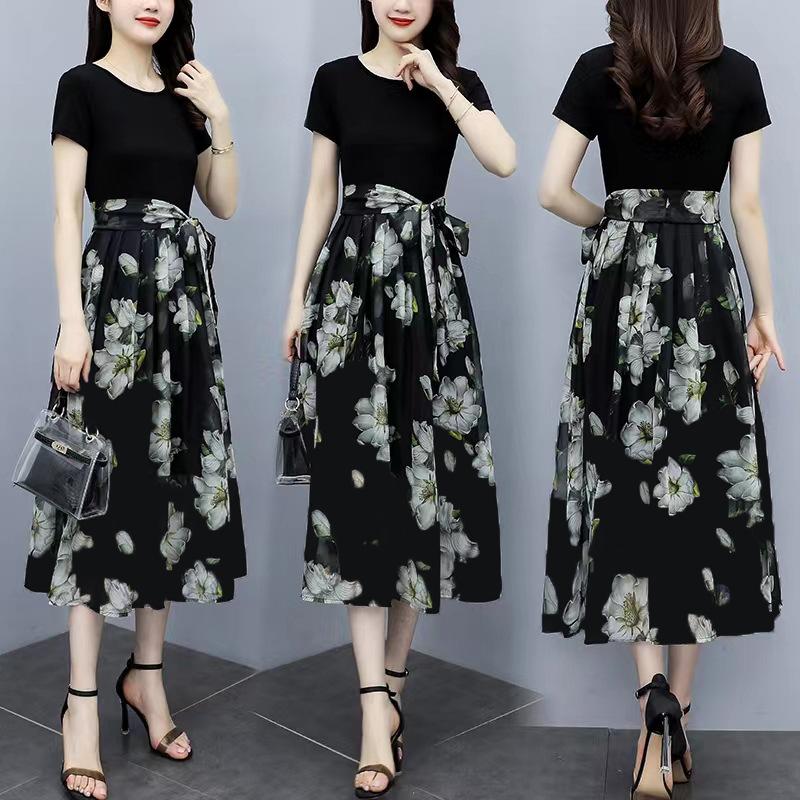 Summer new temperament short-sleeved printed dress medium and long waist cover fake two-piece long dress