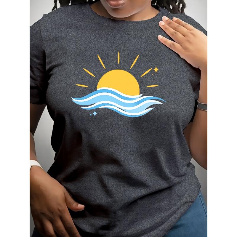 Designed To Evoke The Beauty of Sunset and Ocean Waves, This Women'S Casual Short-Sleeved Crew Neck T-Shirt Is Made of Soft,