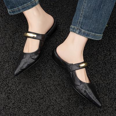 Fashion 2025 Summer Women Mules Genuine Leather Women Shoes Pointed Toe Med Heel Slippers Cover Toe Slingback Sandals Metal Buckle Shoe