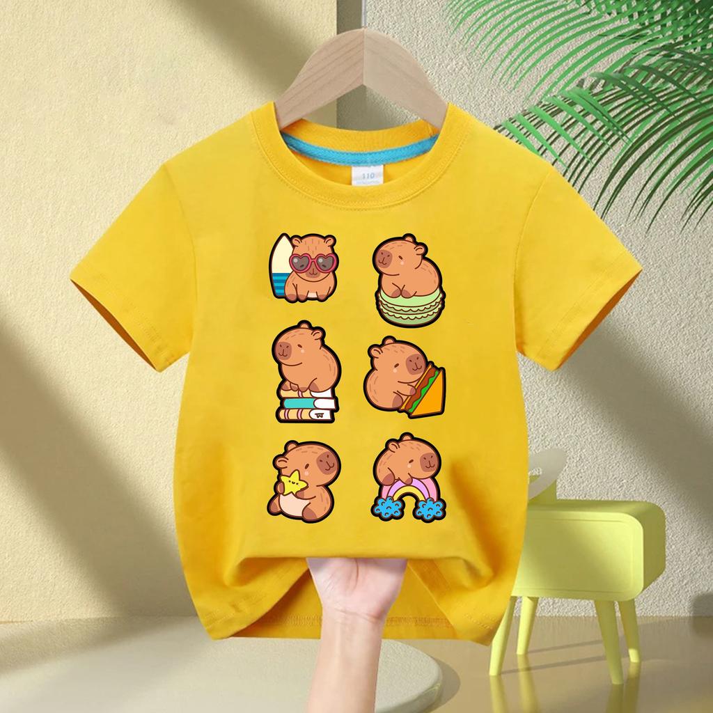 Top Casual de Manga Curta Infantil para o Verão Moda Meninos e Meninas Aniversário Fofo Capivara Camiseta Infantil com Estampa de Balão de Bolha de Coração