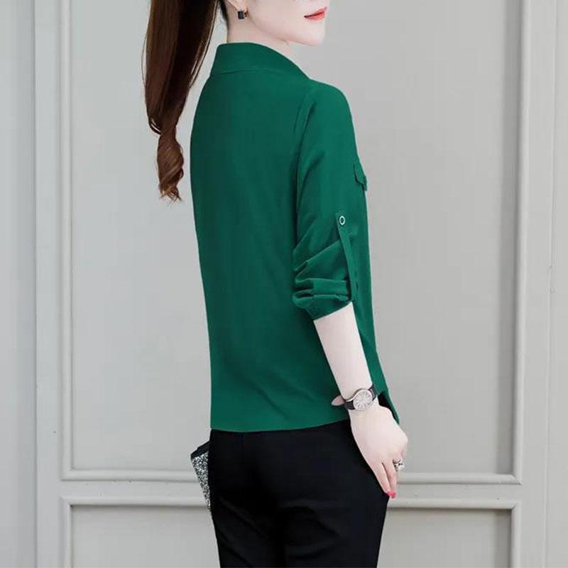 Women's Polo-Neck Blouse Summer New Basic Commuter Single-breasted Solid Color Shirt Fashion Female 3/4 Sleeve Lacing Tops
