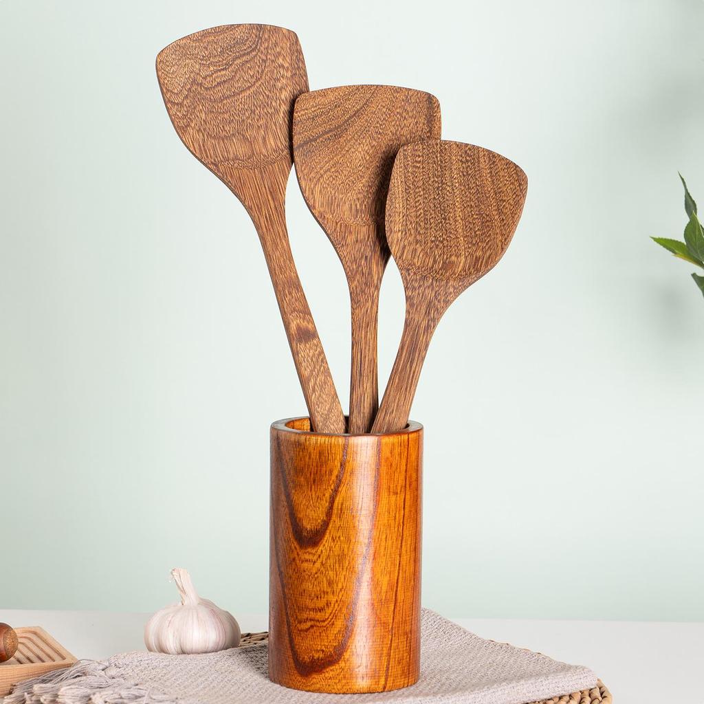 Unpainted Wenge Wood Long-Handled Spatula for Non-Stick Pans - Solid Wood Cooking Utensil, Ladle & Tableware