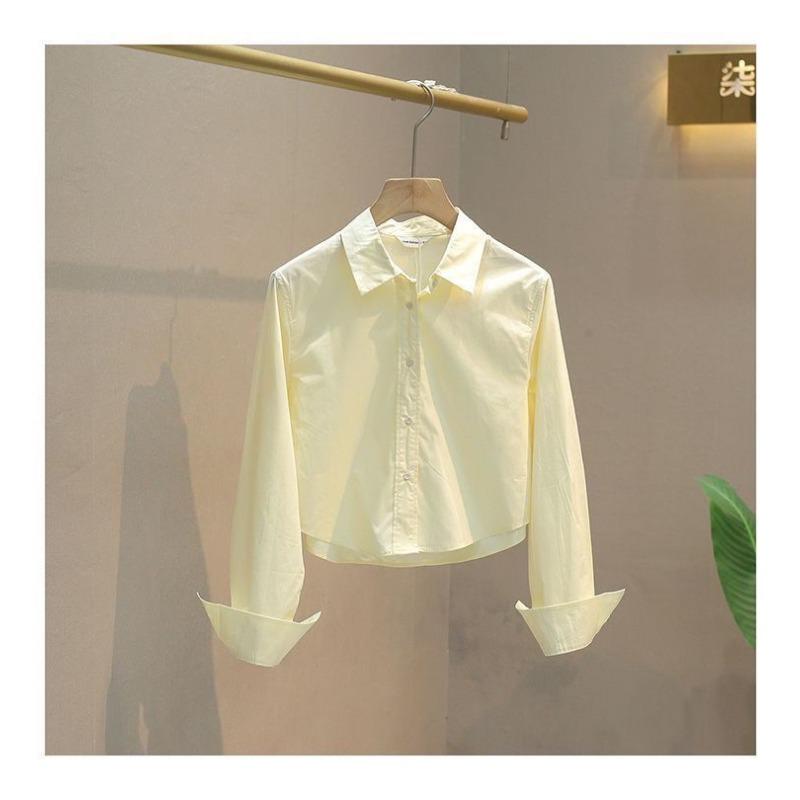 Women's Cropped White Shirt Casual Loose Cuff Button-Down Blouse