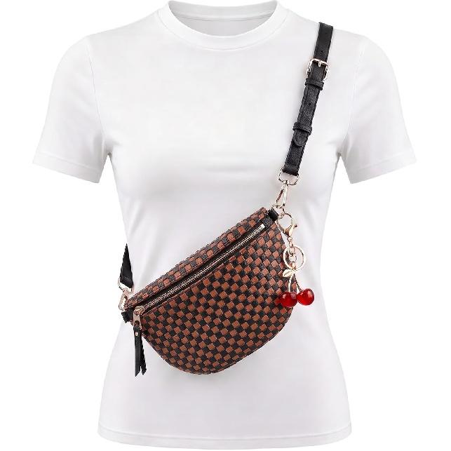 Small Woven Crossbody Bag for Women Checkered Vegan Leather Bum Purse