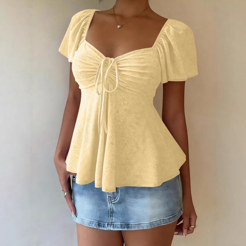 2026 Summer New V-neck Drawstring Tie Sexy Short Sleeve Solid Color Women's T-shirt