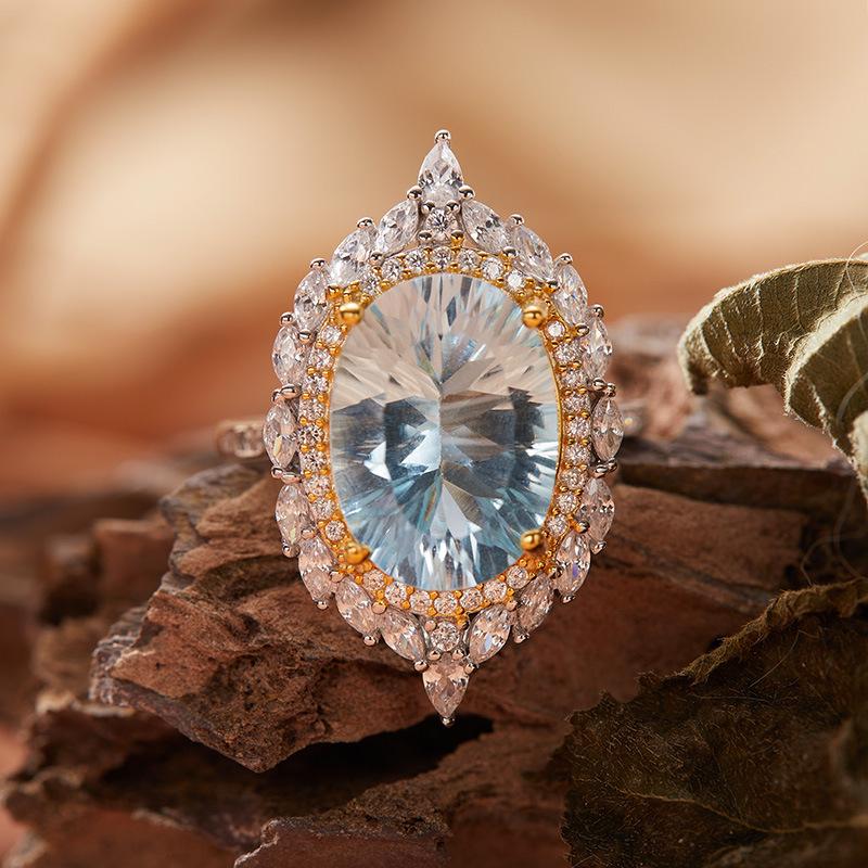 S925 Sterling Silver Plated 18K Gold Natural Color Treasure Large Carat Ring Light Luxury Premium Index Finger Ring Energy Jewelry