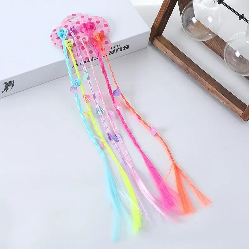 6pcs Kids Girl Candy Color Wig Braid Hair Claw Princes Cute Butterfly Bow Heart Style Hair Clip Children Haid Styling Headwear