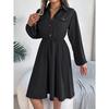 Casual Lace Up Waist Long Sleeve Solid A Line Shirt Dress For Women