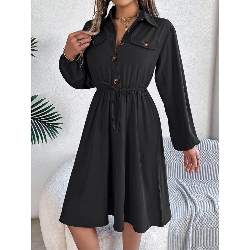 Casual Lace Up Waist Long Sleeve Solid A Line Shirt Dress For Women