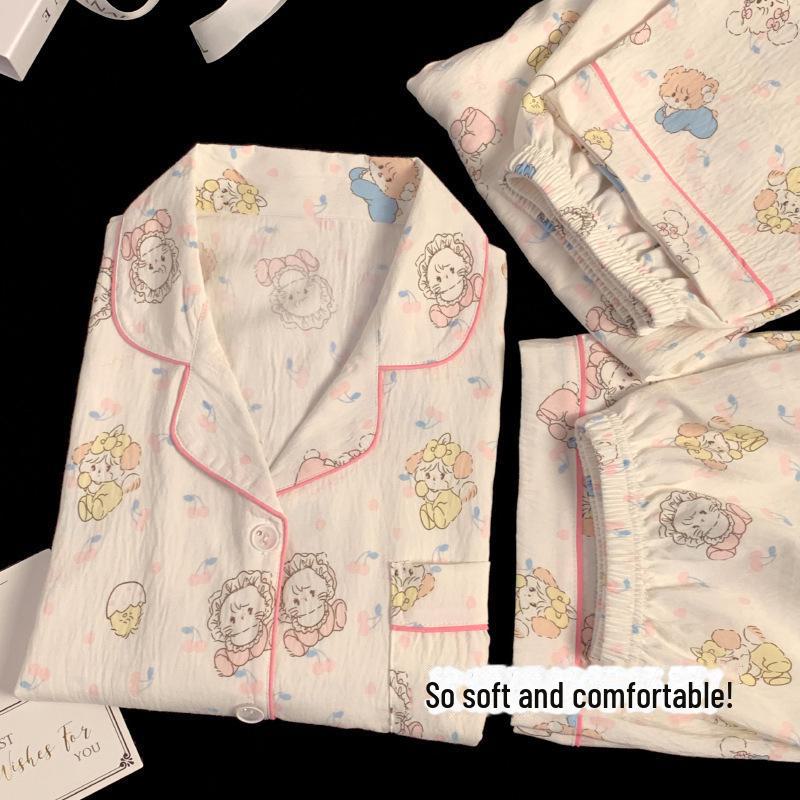 Sommerlicher Pyjama aus Baumwolle mit Blumenmuster: Dreiteiliges Kurzarm-Set im japanischen Stil für Damen – süße Homewear im Stil der Internet-Prominenten.