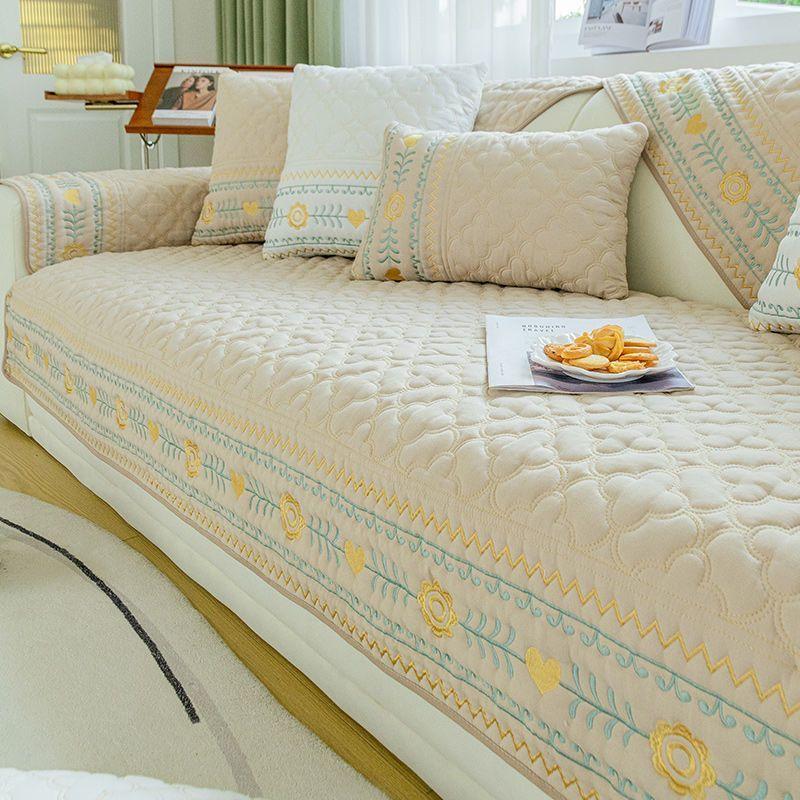 Broderi Sofatrekk 100% Bomull Stuesofa Pute Sklisikker Ensfarget Stoff Universalt Putetrekk Sofatrekk