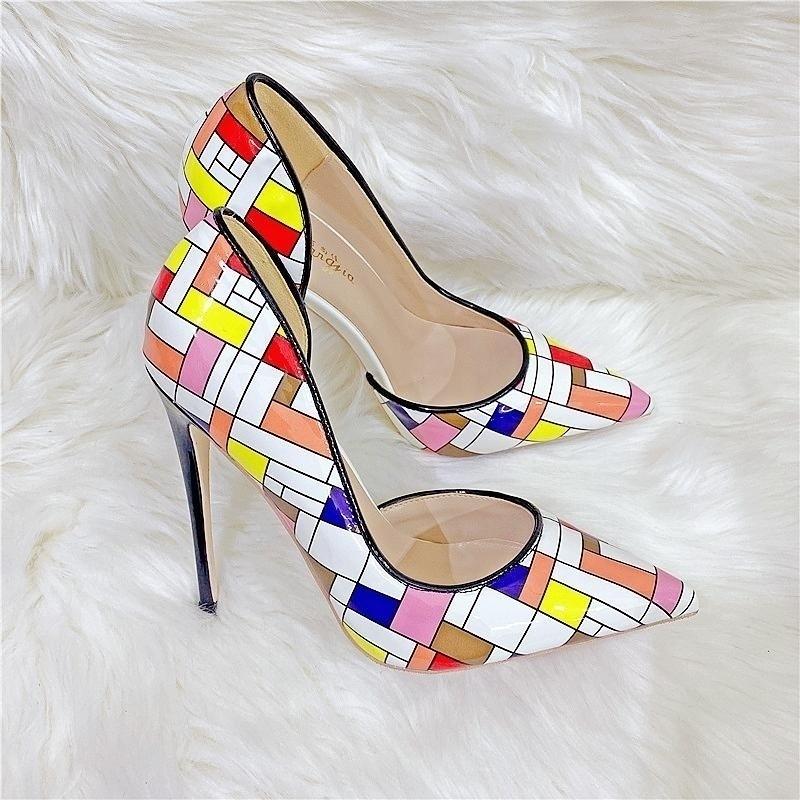 Women's Sexy 12cm Color Checkered High Heels, Patent Leather, Pointed Fashion Party Shoes, Dress Shoes, Thin Heels 10cm