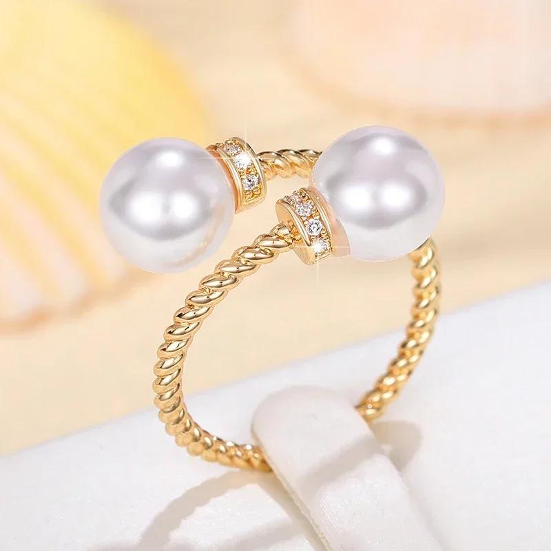 

Fashion Women s Double Imitation Pearl Open Ring Twist Gold Color Band Temperament Wedding Zircon Accessory 2026 resizable