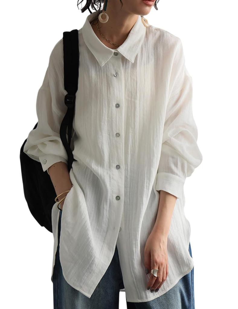Antiqua Long Sleeve Sheer One Size White Women's Linen-Like Shirt, PK-01339, 03,