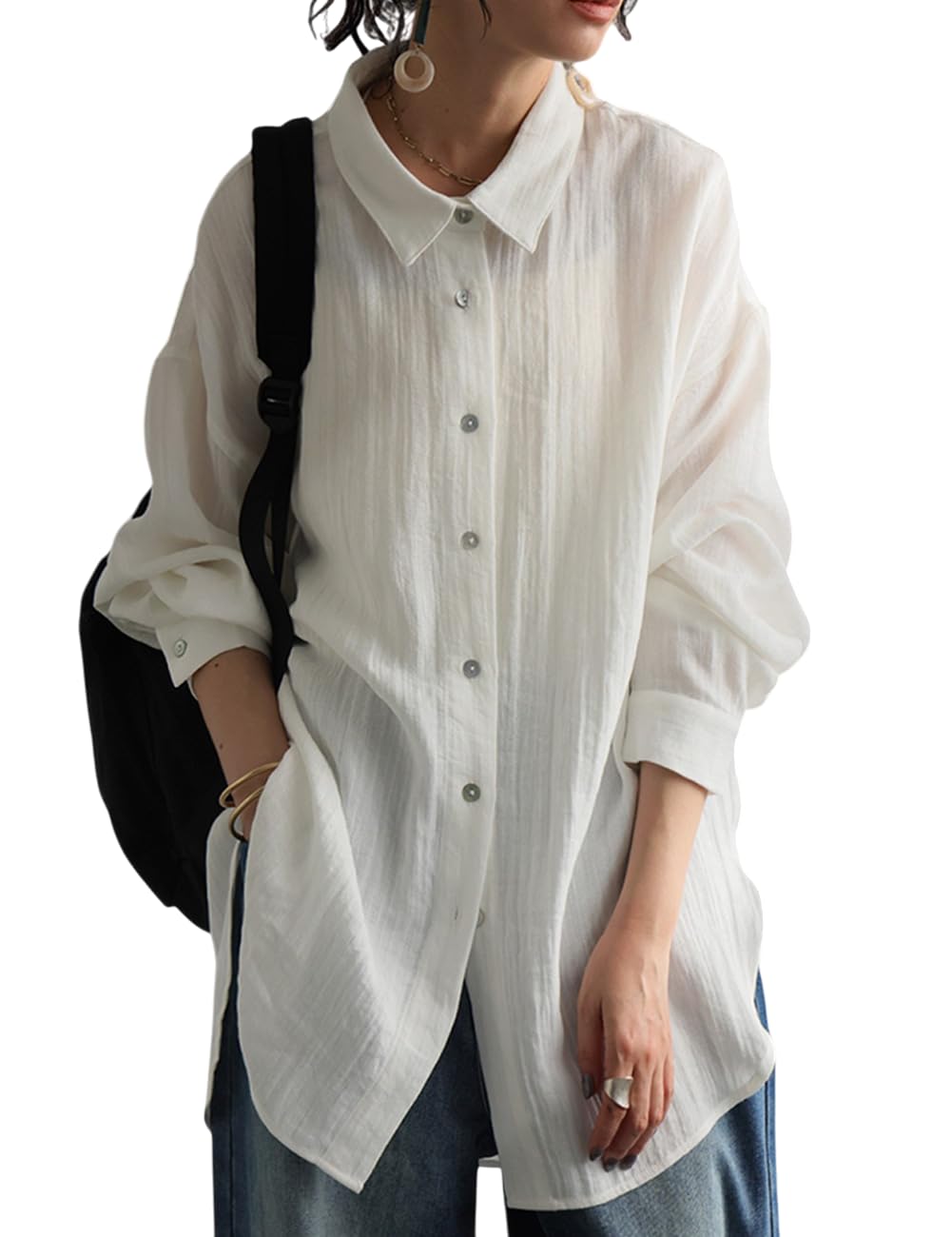 

antiqua Long Sleeve Sheer One Size White Women s Linen-Like Shirt, PK-01339, 03,