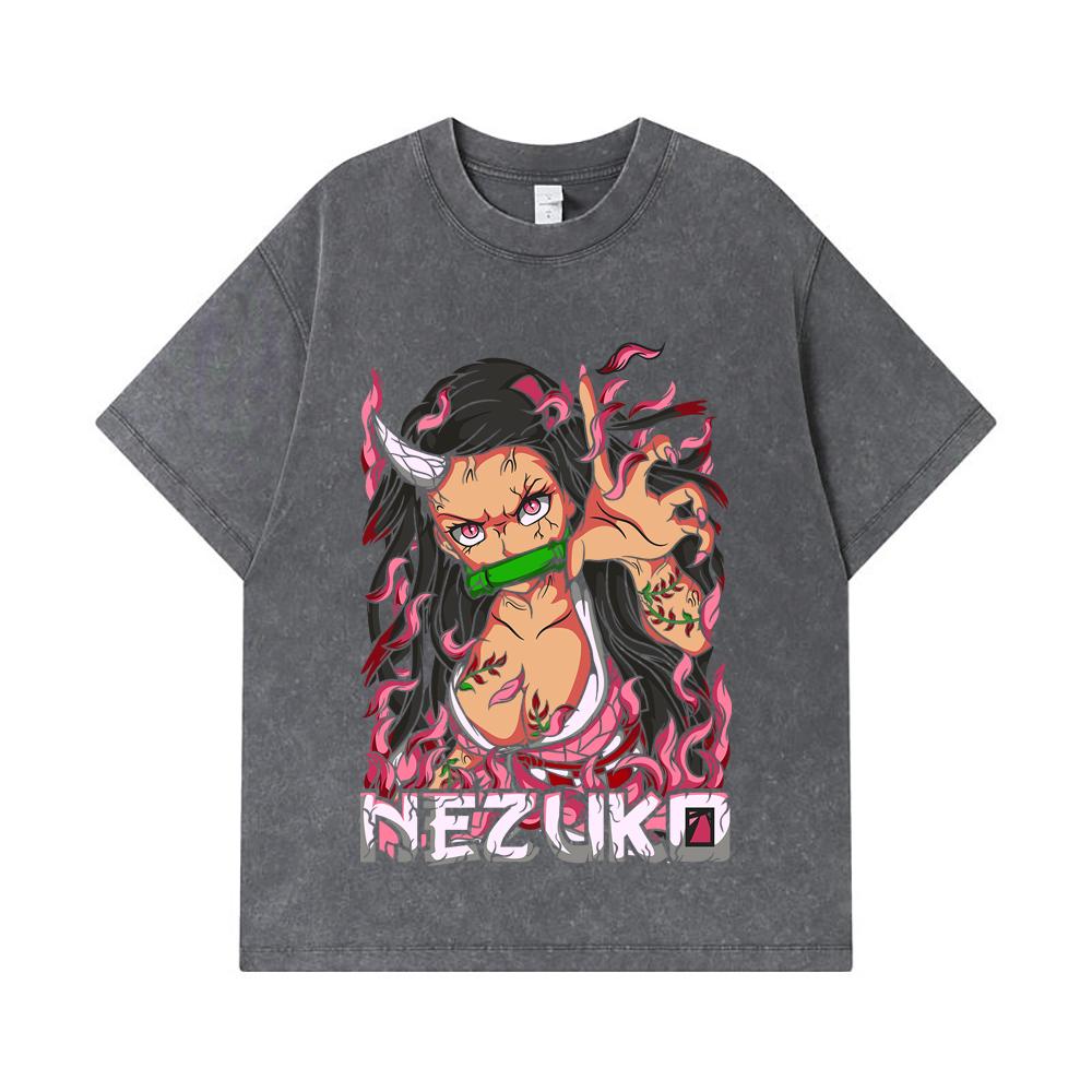 275 GSM Washed T-shirts 100% Cotton Demon Slayer V73 Nezuko Print Unisex Heavy Cotton T Shirt