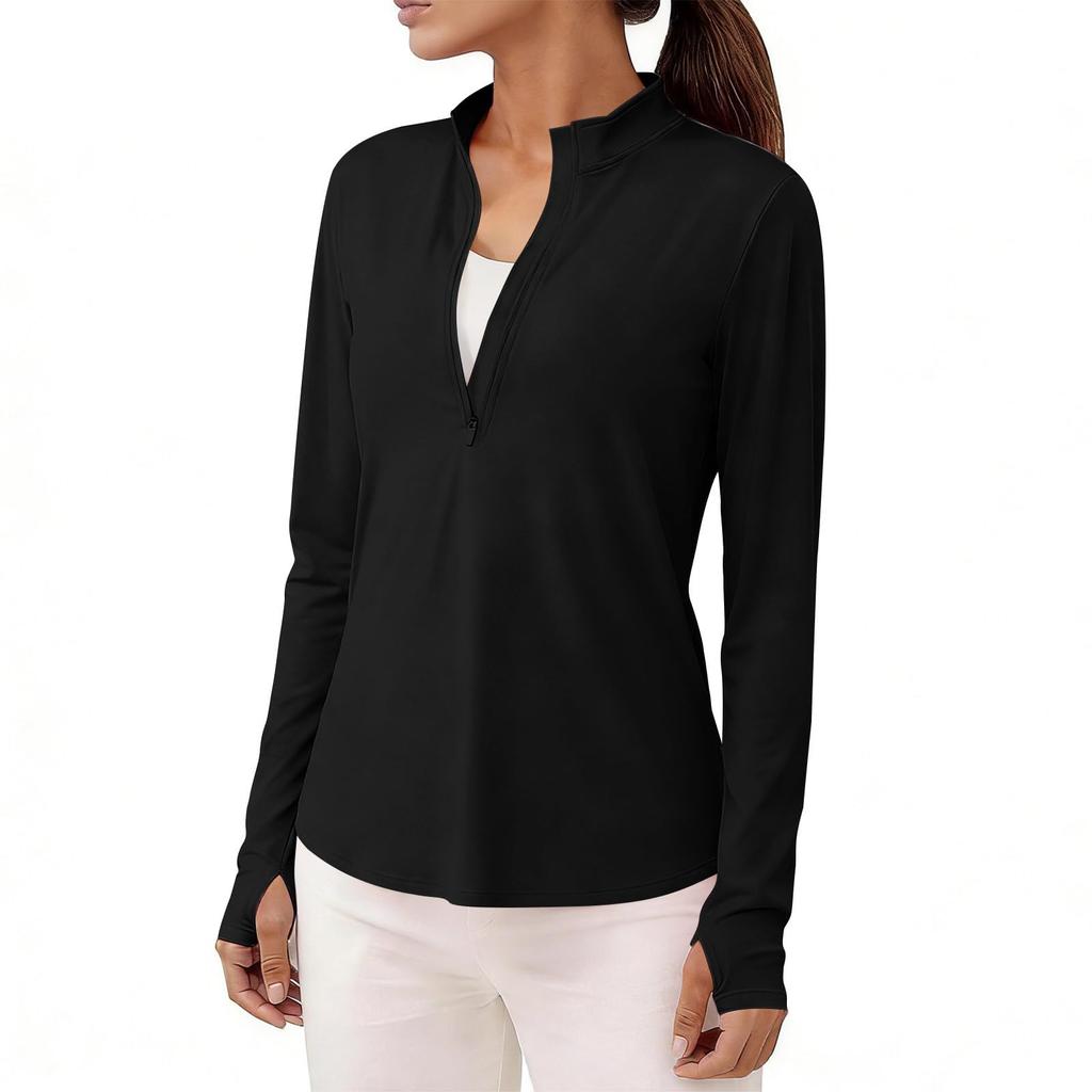 Women's Fashion Solid Slim Fit Casual Half Zip Quick Dry Stand Collar Fitness Sports Yoga Top Long Sleeve Lightweight Activewear