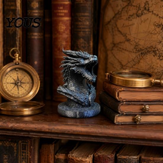 Desktop Dragon Decoration Head Figurine, 3D Printed Fantasy Statue, Mythical Black Sculpture Animal for Home Office Desk Decor, Gift Collectors Scale