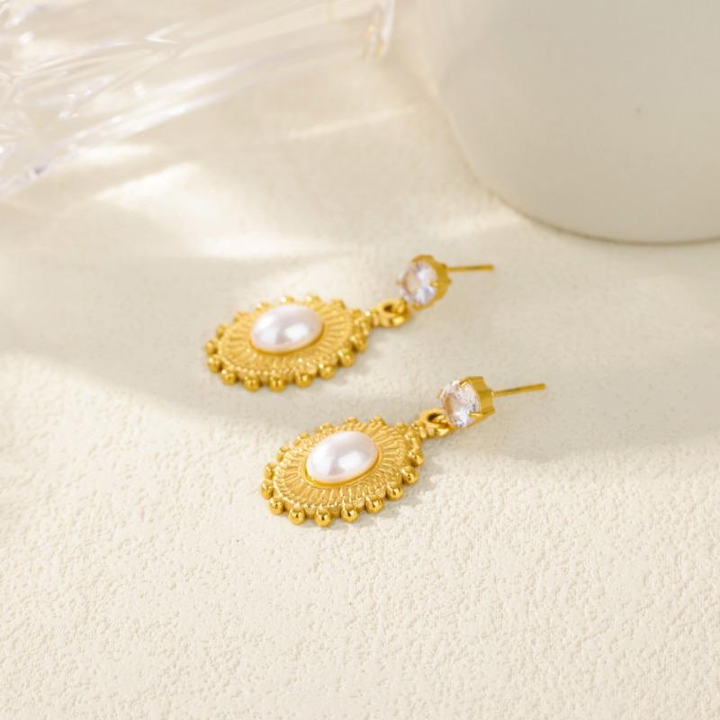 New Elegant Court Style Retro Earrings Pearl Oval Earrings Titanium Steel K Gold Non-fading