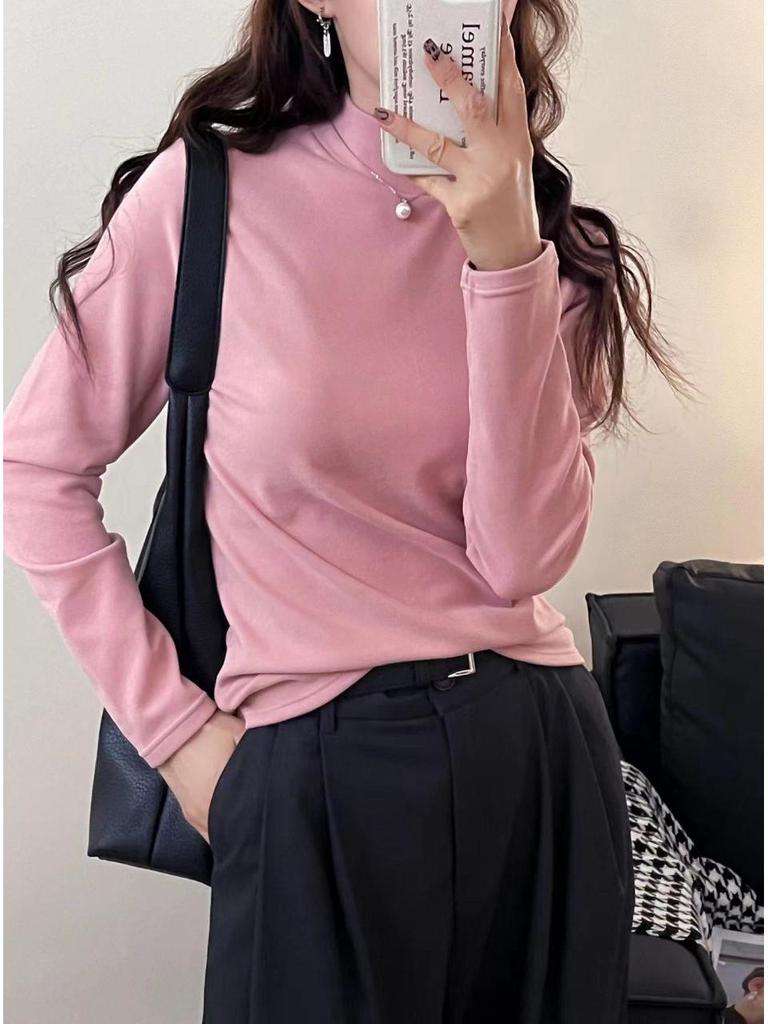 Damski aksamitny top termiczny z półgolfem - dwustronnie szczotkowany kationowy, półgolf, z pluszem na jesień/zimę