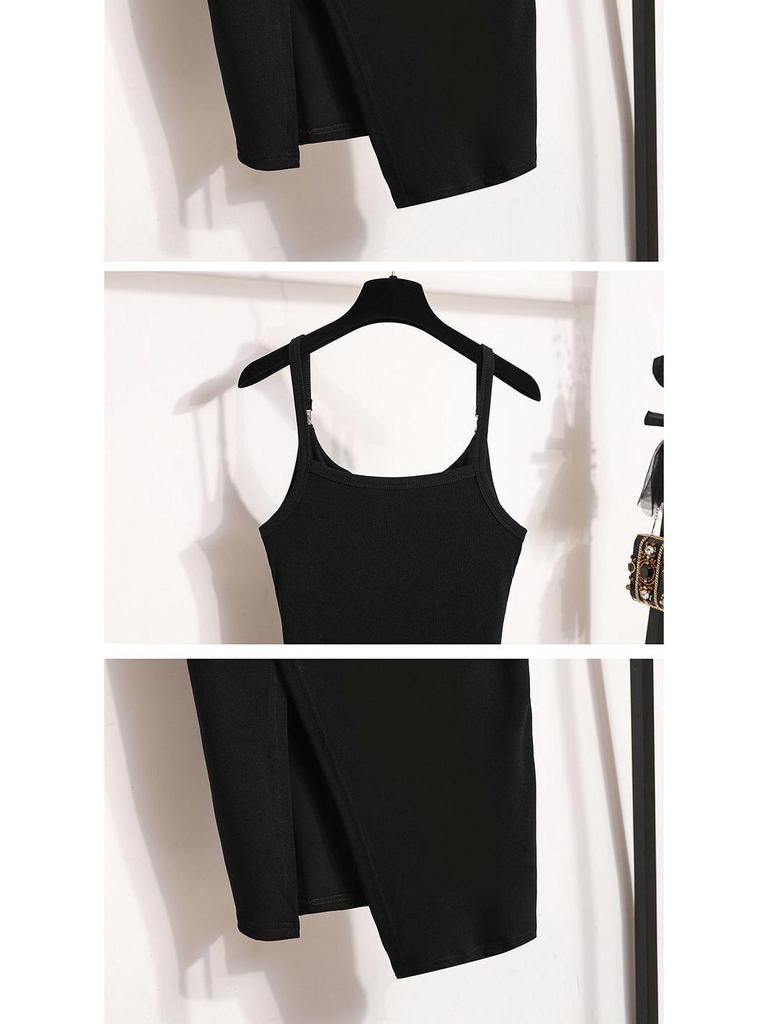 Plus Size Slimming Camisole Dress - Women's Waist-Cinched Spring/Summer Slit Outerwear Skirt