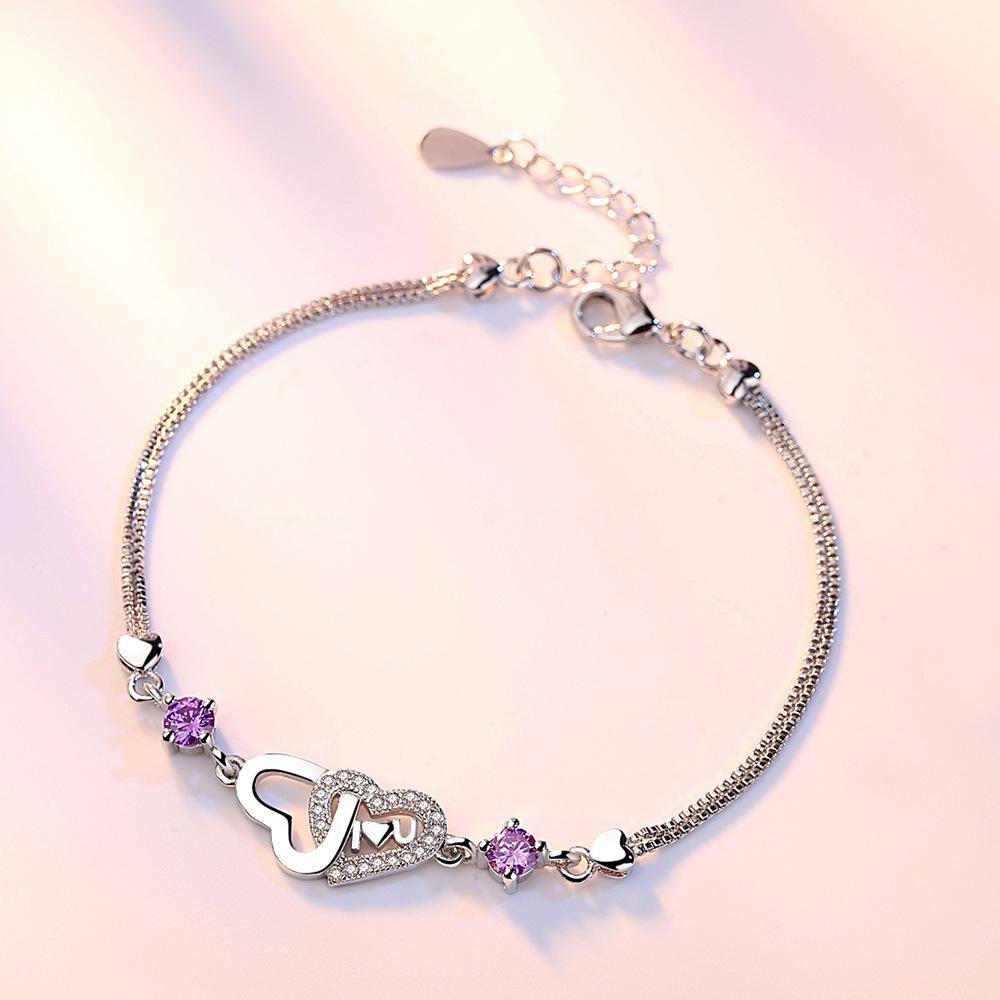 925 Sterling Silver Fashion White and Purple AAA Zircon Heart Bracelet Gift Jewelry
