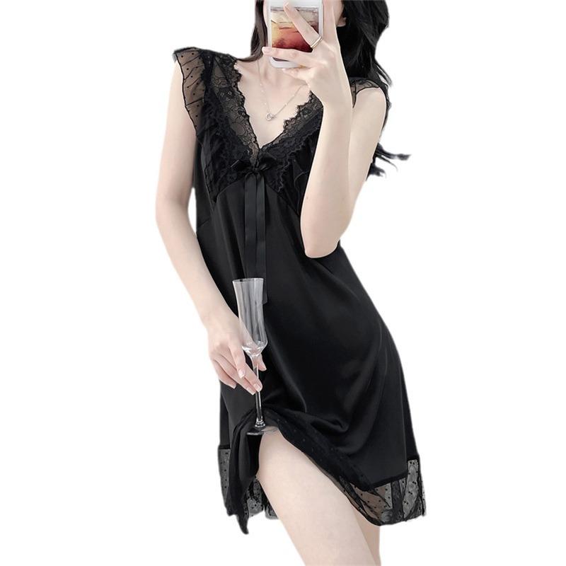 1011 New Summer Ice Silk Thin Sexy Lace Suspender Nightdress Women's Sleeveless Large Size High-end Internet Celebrity Nightdress