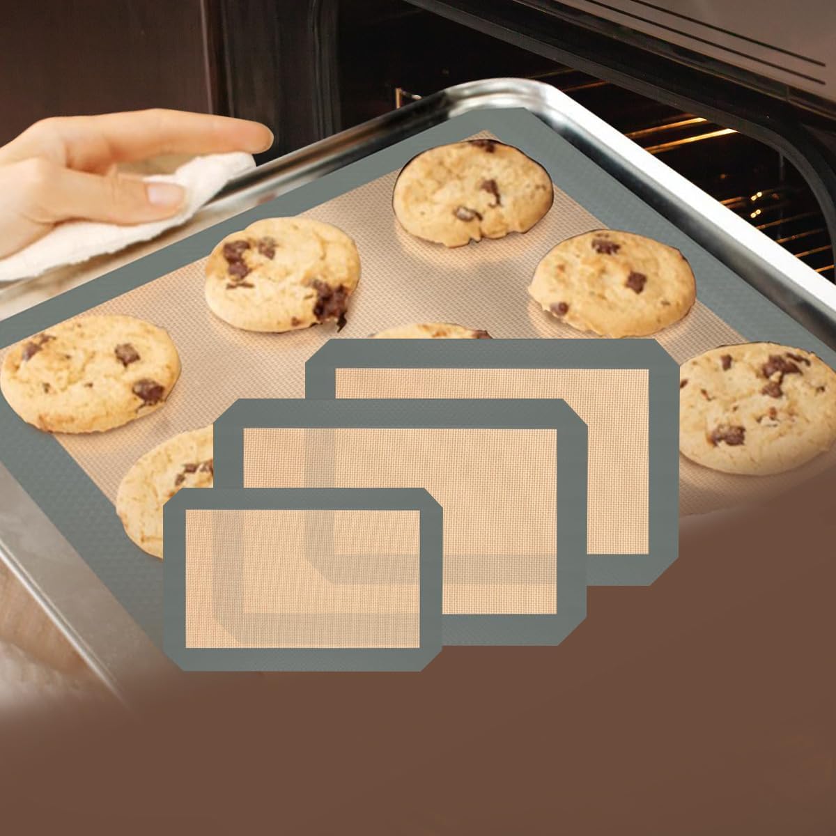 Silicone Baking Mat, 3 Pack Reusable Baking Mat, Non-Stick, Food Safe Silicone Mats for Baking, Oven Baking Sheet for Making Cookies, Macaroons, Bread серый