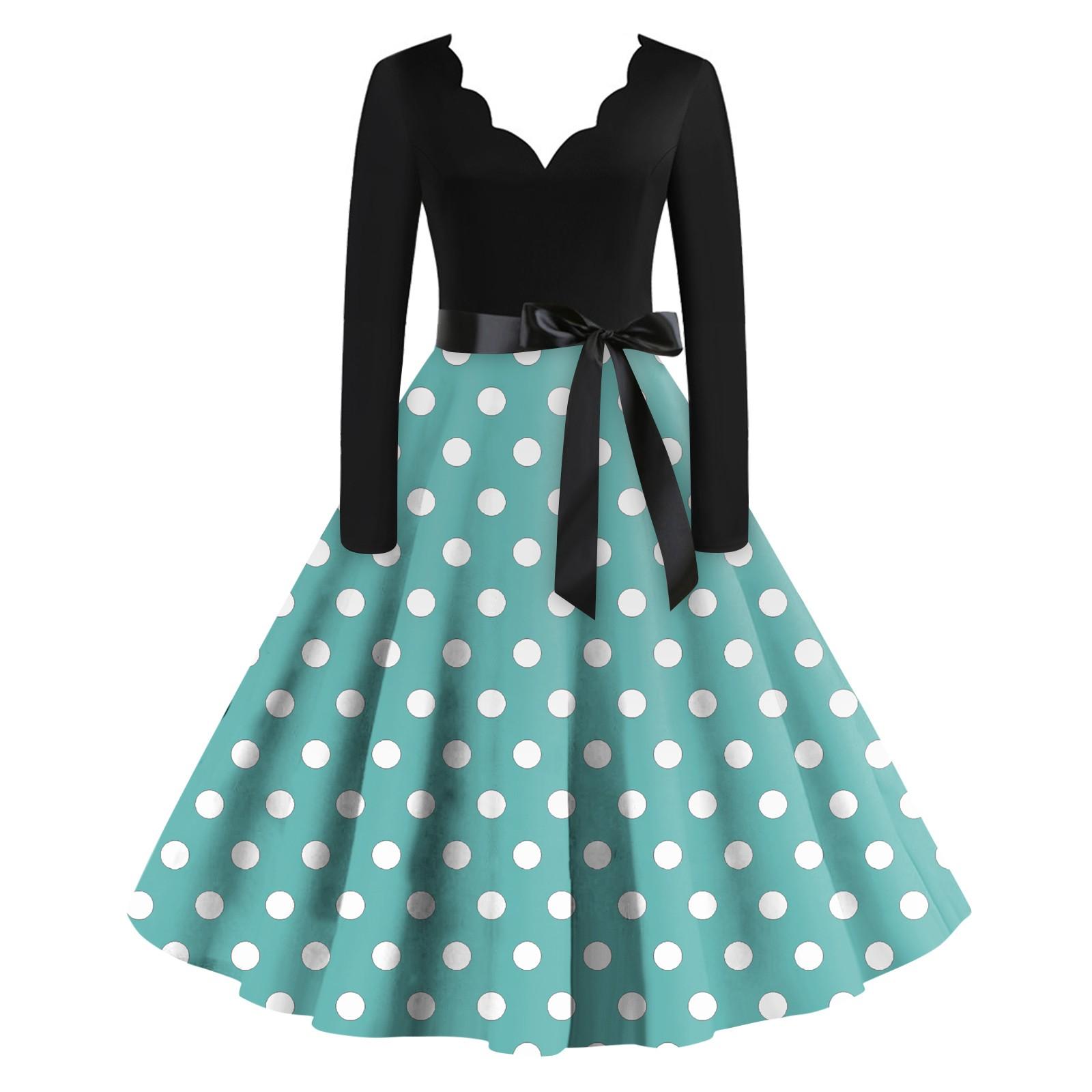 

Жіноча повсякденна модна ретро-сукня з V-подібним вирізом і довгими рукавами в горошок S