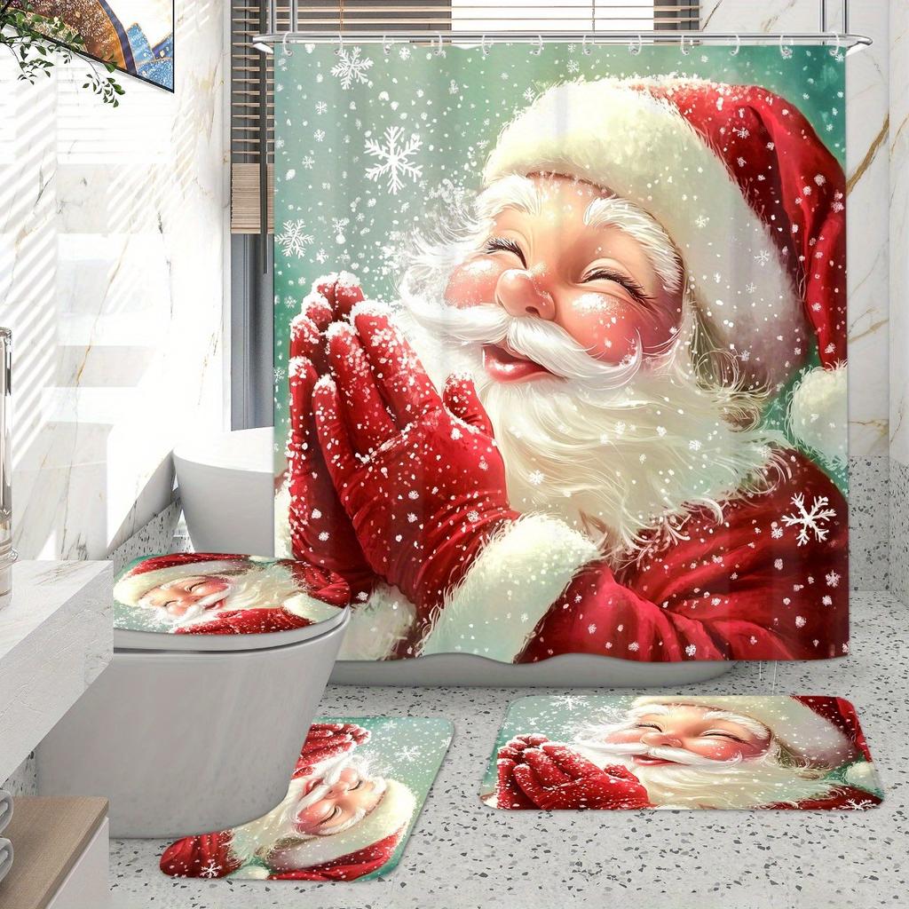 4Pcs Cute Santa Claus & Snow Shower Curtain Set with Non-Slip Bath Mat, Toilet Lid Cover, Contour Rug & 12 Hooks, Bathroom Decor
