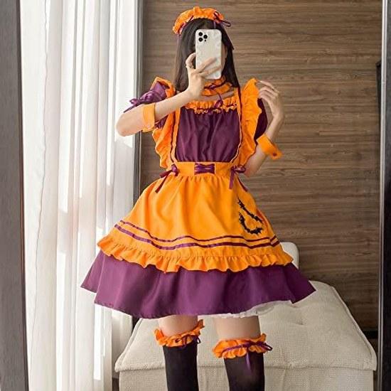 RPFLQ Halloween maid outfit orange bat cosplay costume ladies apron headband cute adult one-piece 7-piece set knee-high socks