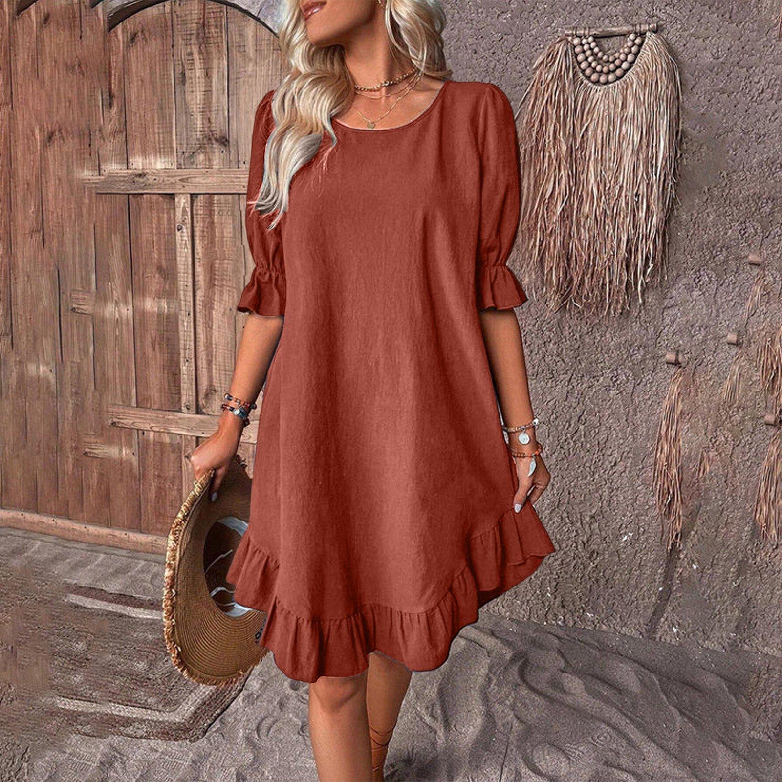 

Women s Summer Casual Midi Sleeve Dress Round Neck Color Pullover Dresses L Кіновар