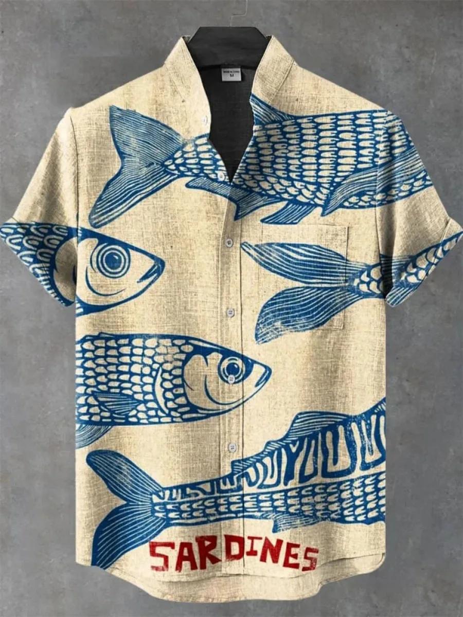 2025 Men s New Summer Fish Pattern Beautiful Art Printed Linen Short Sleeve Shirt Casual Comfortable Button Men s Top S