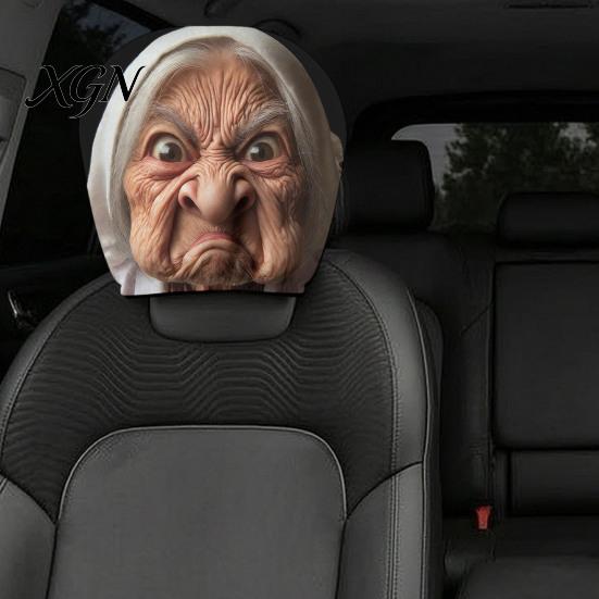 Auto Interior Accessories 2Pcs Funny Granny Face Car Headrest Covers, Breathable Seat Vehicle Protector Protectors, Stretchy Universal for SUV
