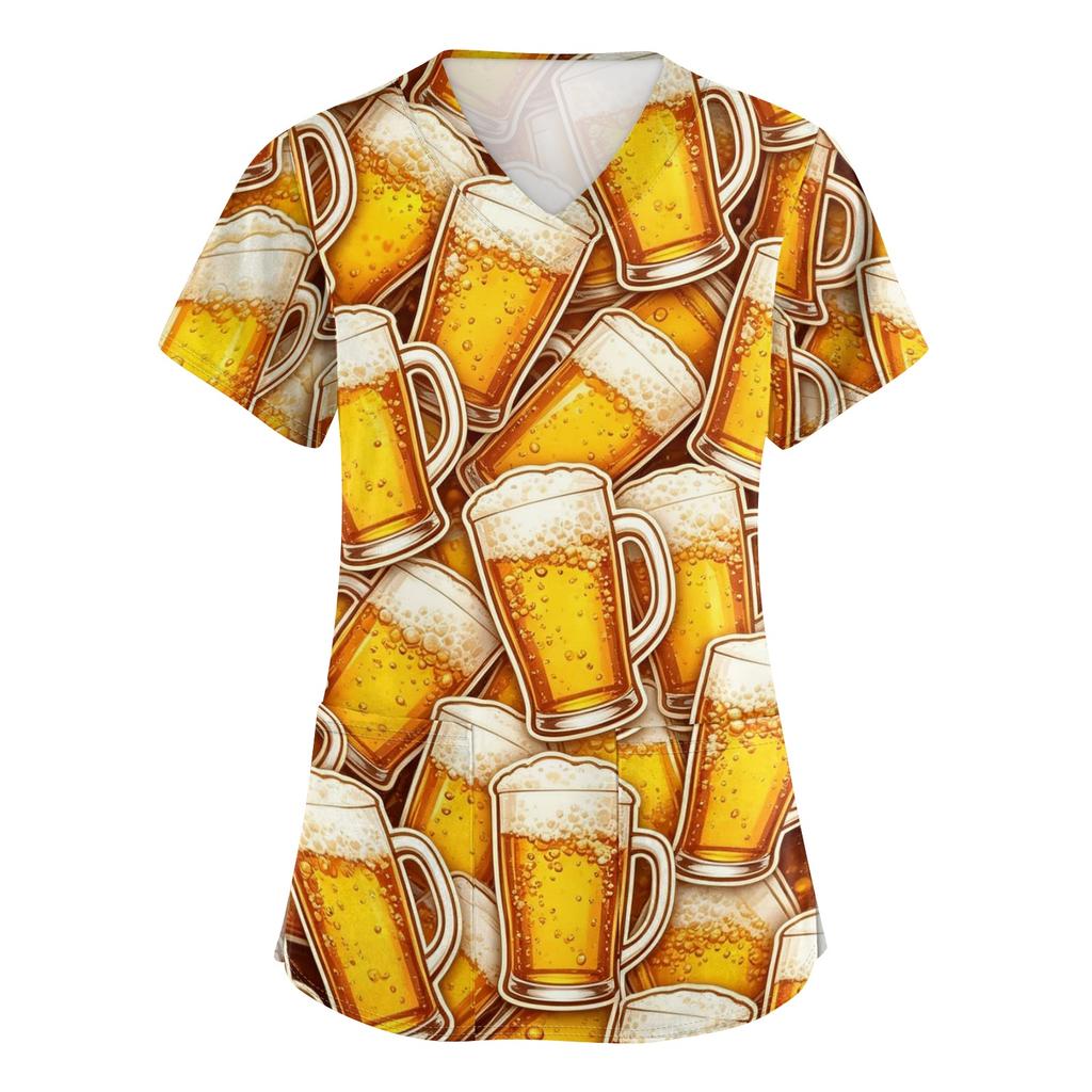Womens V Neck Short Sleeve Work Shirt With Pockets Oktoberfest Beer Print Top Medical Scrub Style Uniform