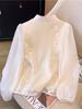 Women's Spring Chiffon Shirt: Chinese Style Tassel, Frog Button, Jacquard Embroidery, Stand Collar