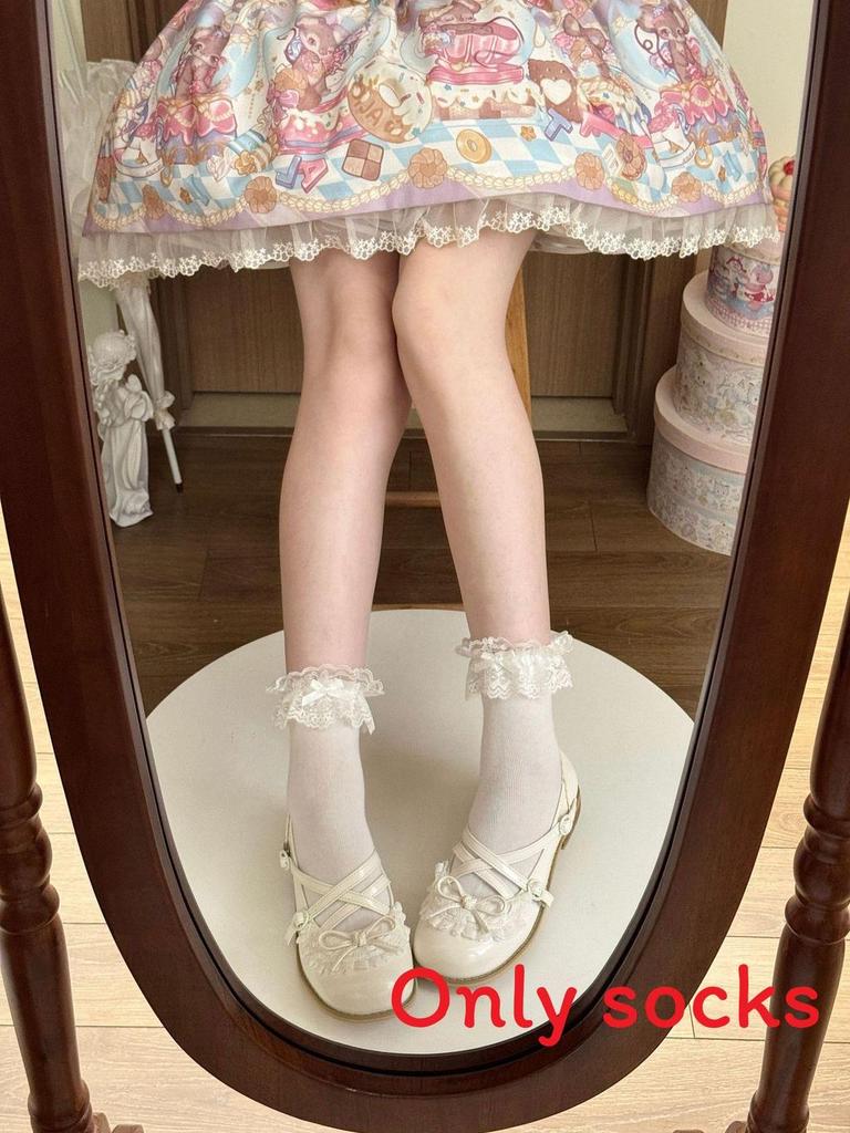 Lolita Cotton Lace Ankle Socks With Bow Embellishments For Girls