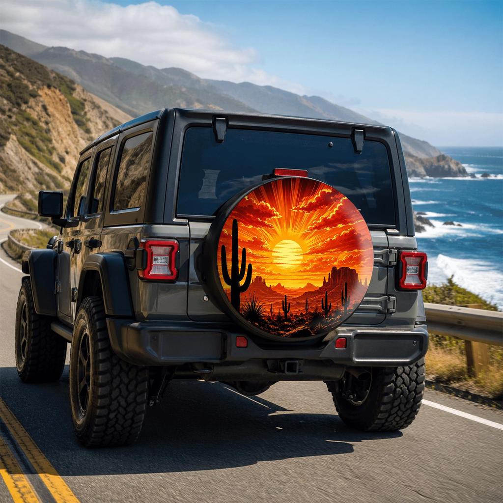 1pc Desert Sunset Cactus Print Car Tire Cover, Stylish Universal Wheel Hub Protector, Spare Tire Protection, Perfect Fit, Easy to Install, Suitable fo