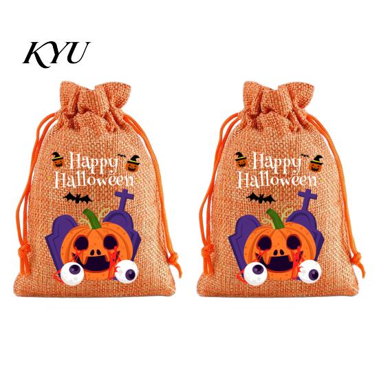 Lightweight Candy Carriers 2Pcs Halloween Pumpkin Drawstring Bags for Treats, Retro Burlap Pattern Party Favors Trick or Treat Bags, Portable