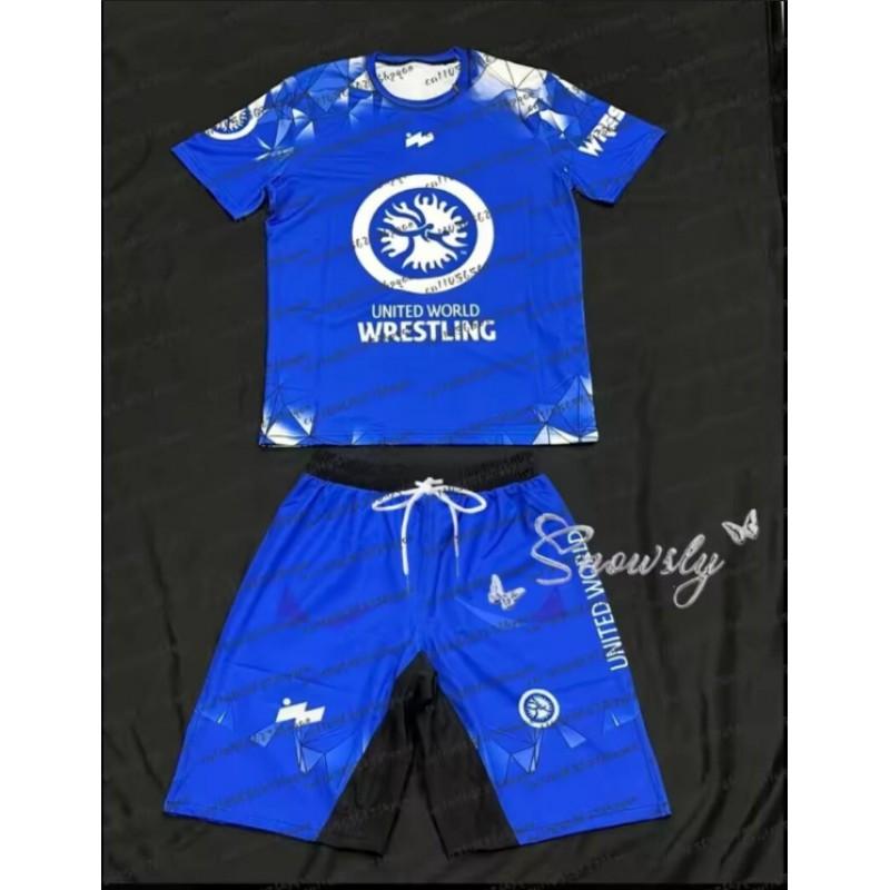 Mens Breathable 3D Printed Wrestling Martial Arts Training Set Short Sleeve T-Shirt Shorts